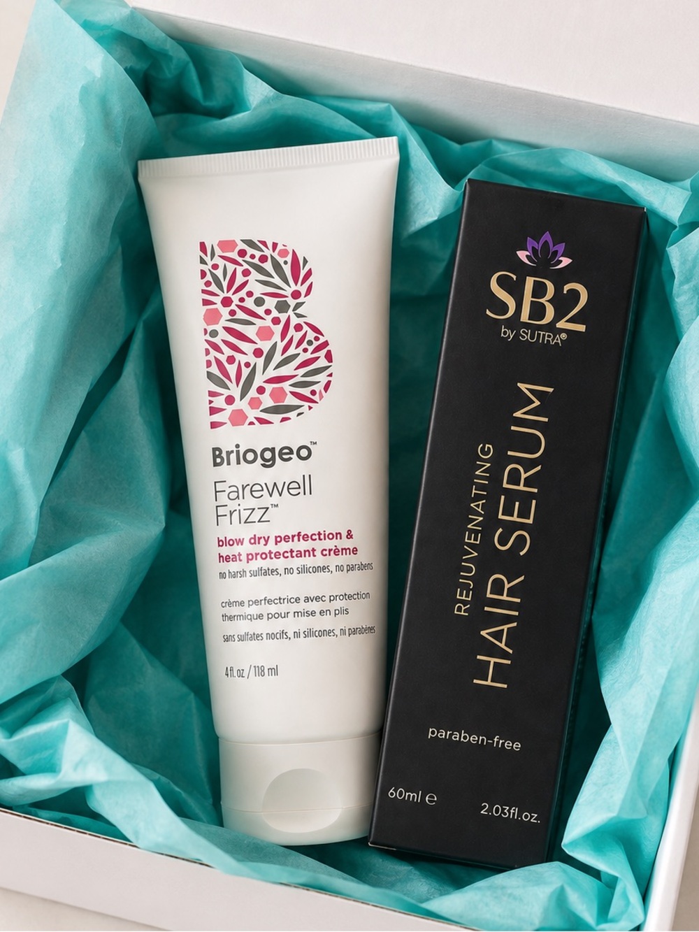 Briogeo Farewell Frizz Heat Protectant + SB2 by SUTRA Rejuvenating Hair Serum
